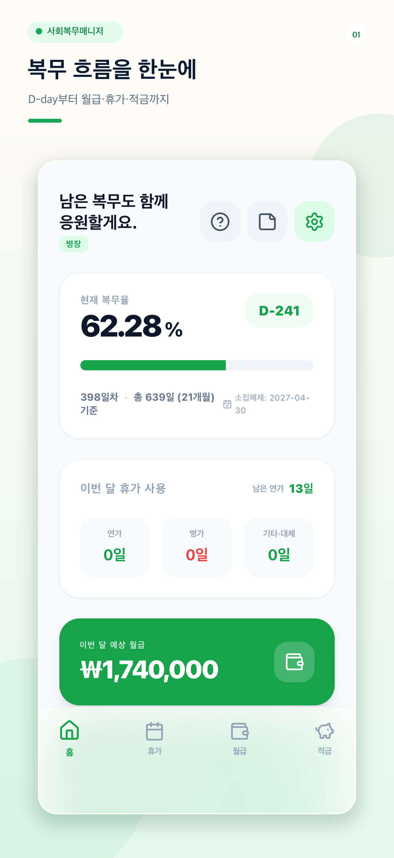 복무 진행률과 휴가, 예상 월급을 보여주는 사회복무매니저 홈 화면