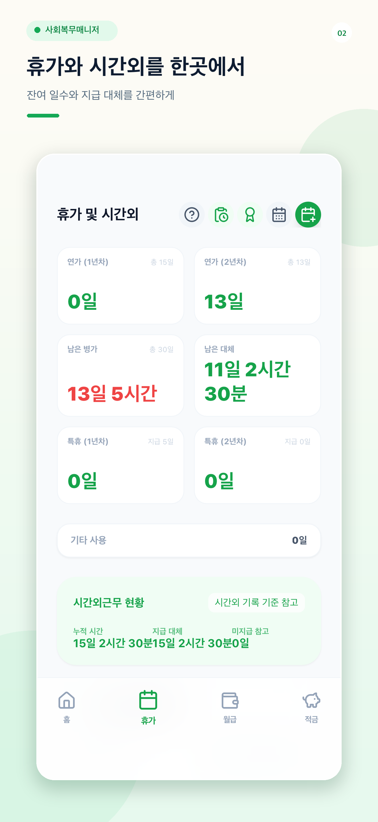 휴가와 시간외근무 잔여 현황을 보여주는 화면